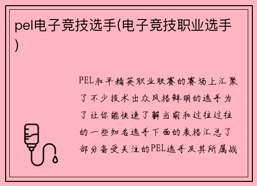 pel电子竞技选手(电子竞技职业选手)